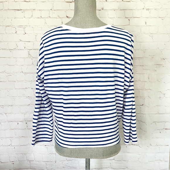 BANANA REPUBLIC Blue & White Coastal Striped 3/4 Sleeve Tie Front Top - Picture 5 of 8